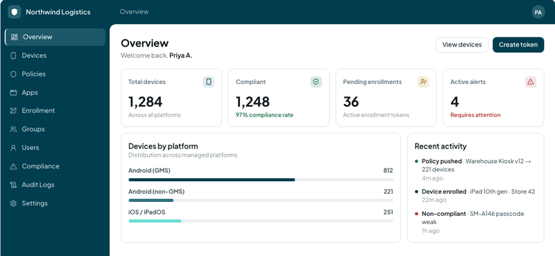The Aegis UEM console Overview page, showing total and compliant device counts, pending enrollments, active alerts, a breakdown of devices by platform and a recent activity feed.