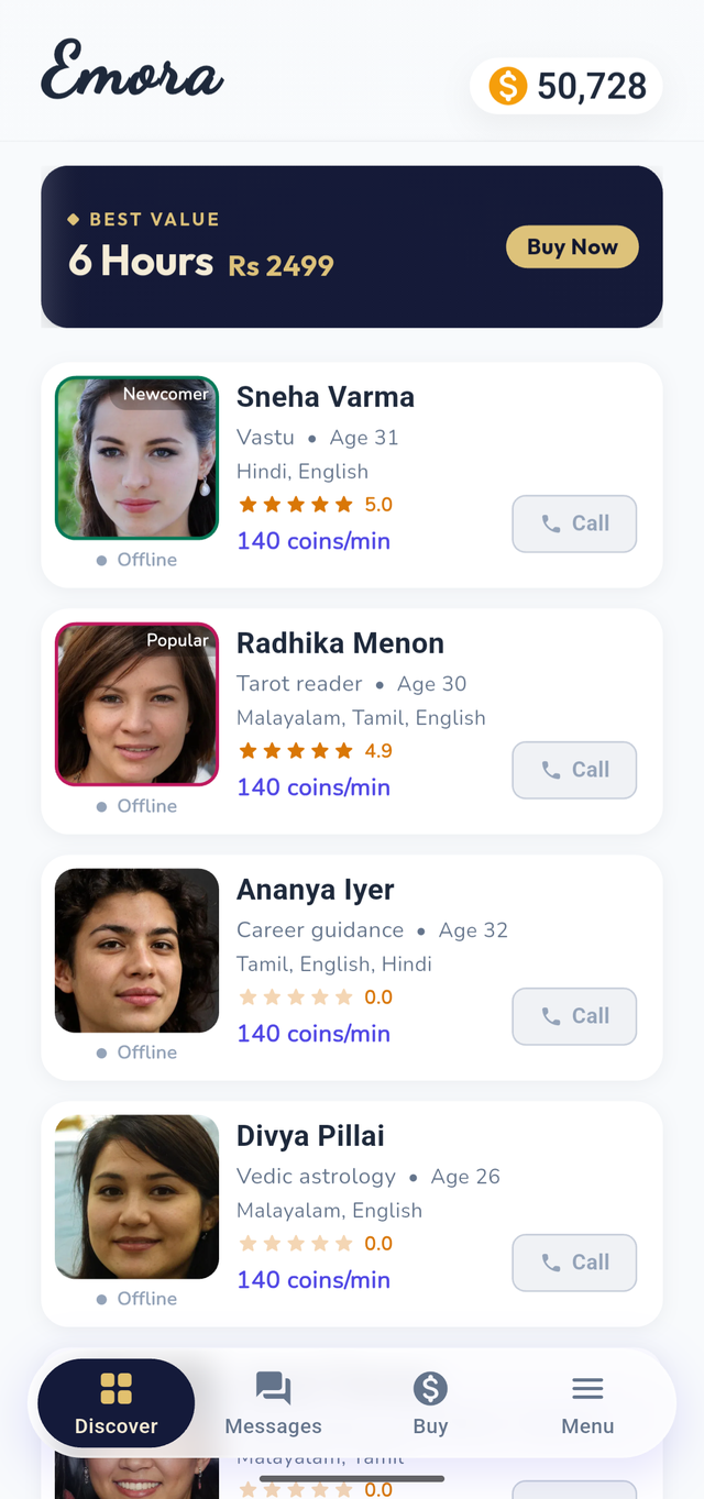 The Emora app's Discover screen, listing people available to call with their languages, rating and per-minute rate.